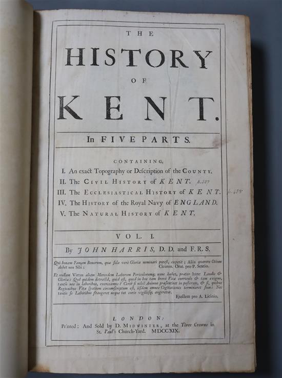 Harris, John - The History of Kent, 1st edition, Vol 1 (all published), folio, rebound half calf, only 2 plates (of 42),